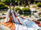 A woman in a long dress sitting on the ground next to a pond.